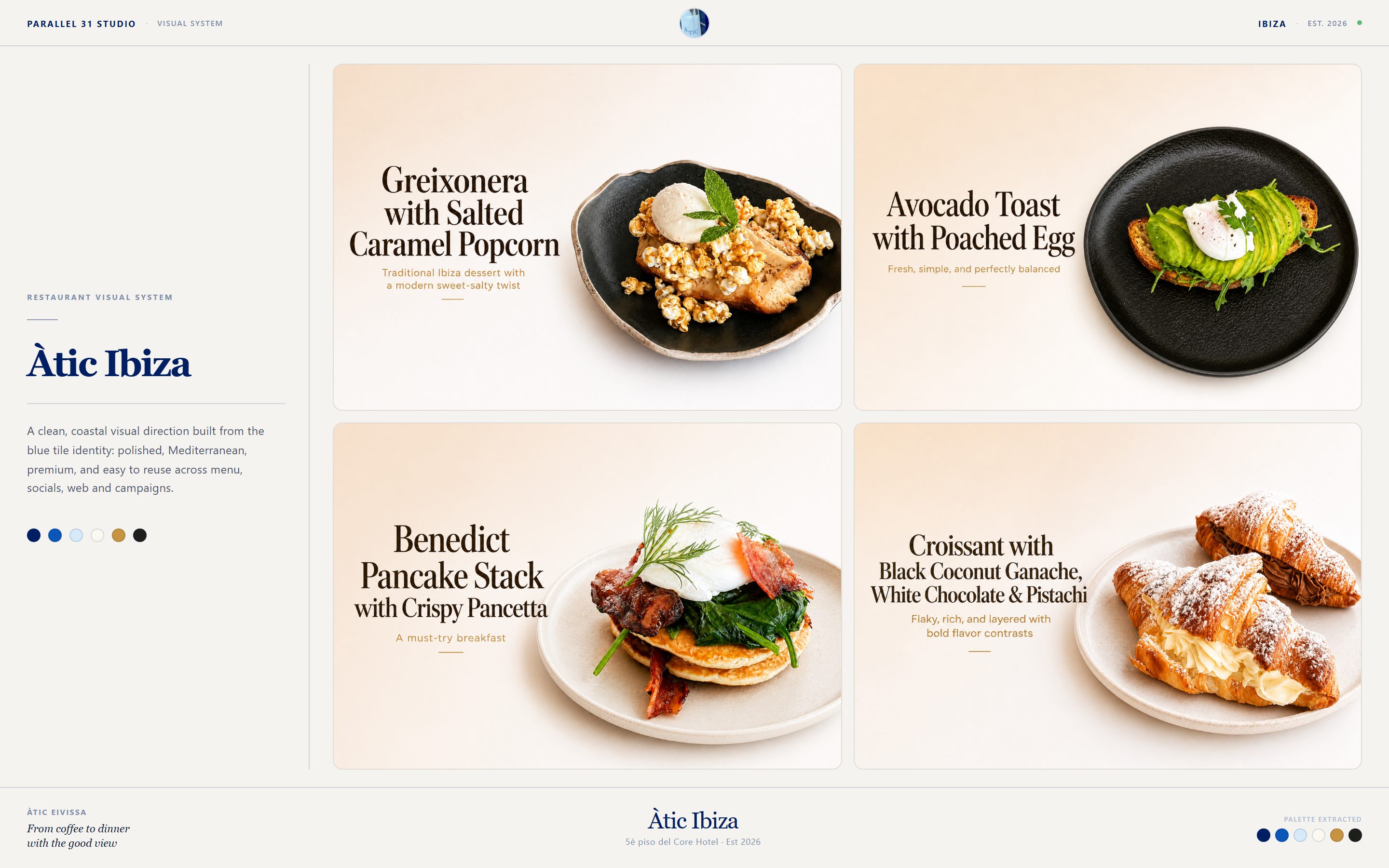 Àtic Ibiza visual system — AI-generated dish photography in a clean editorial layout