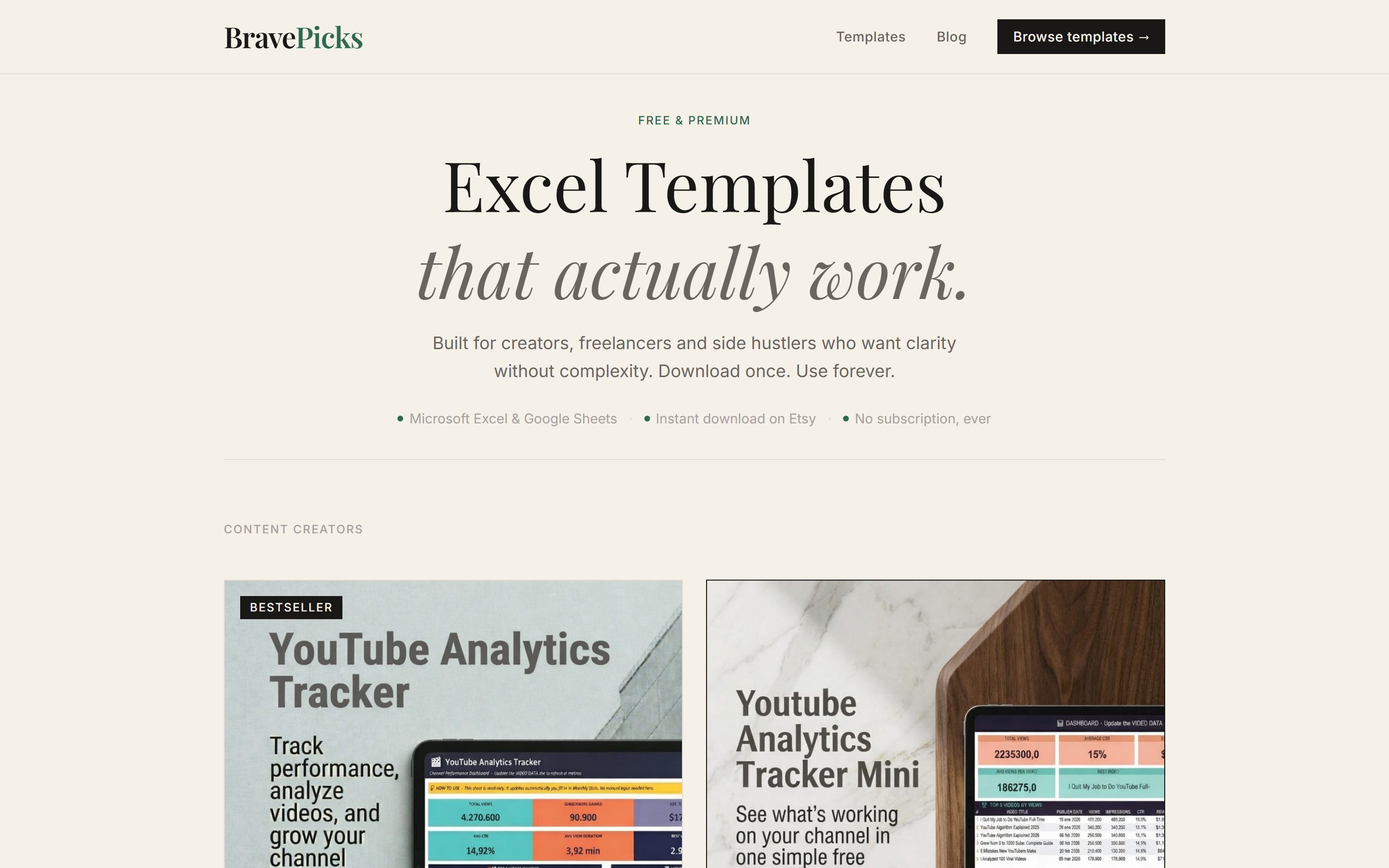 BravePicks Templates — editorial storefront for Excel templates