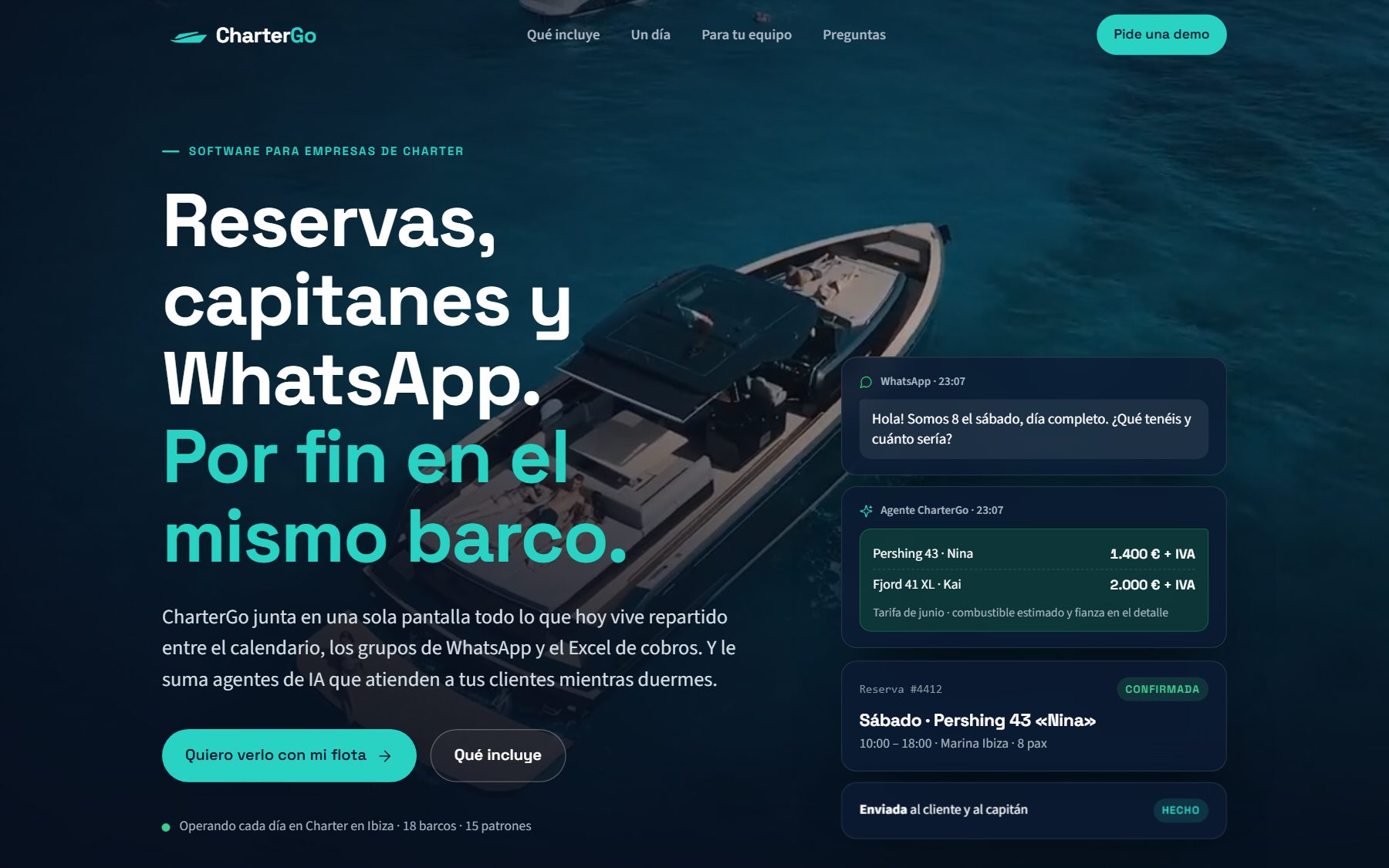 CharterGo — web del producto con una consulta por WhatsApp, la propuesta del agente de IA y una reserva confirmada