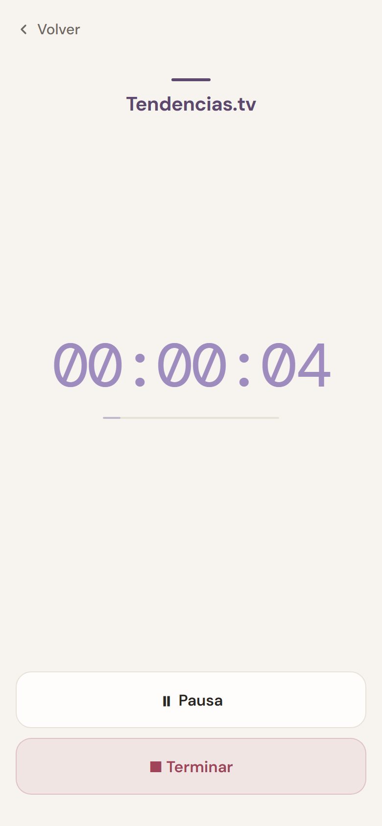 Time tracker — session running with pause and finish controls
