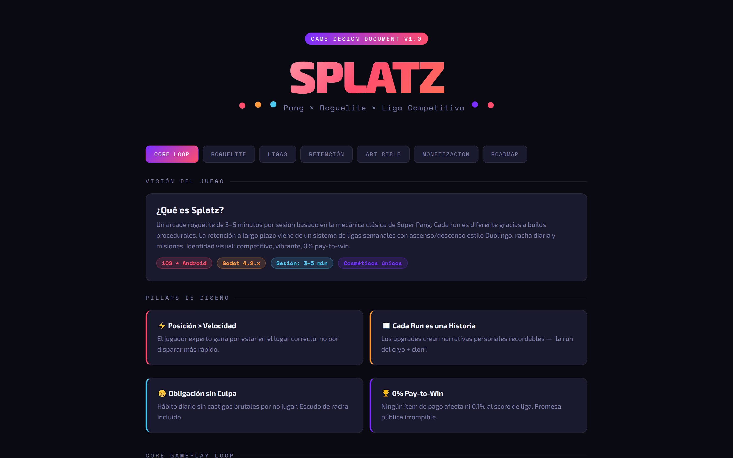 Splatz game design document — vision, pillars and core loop