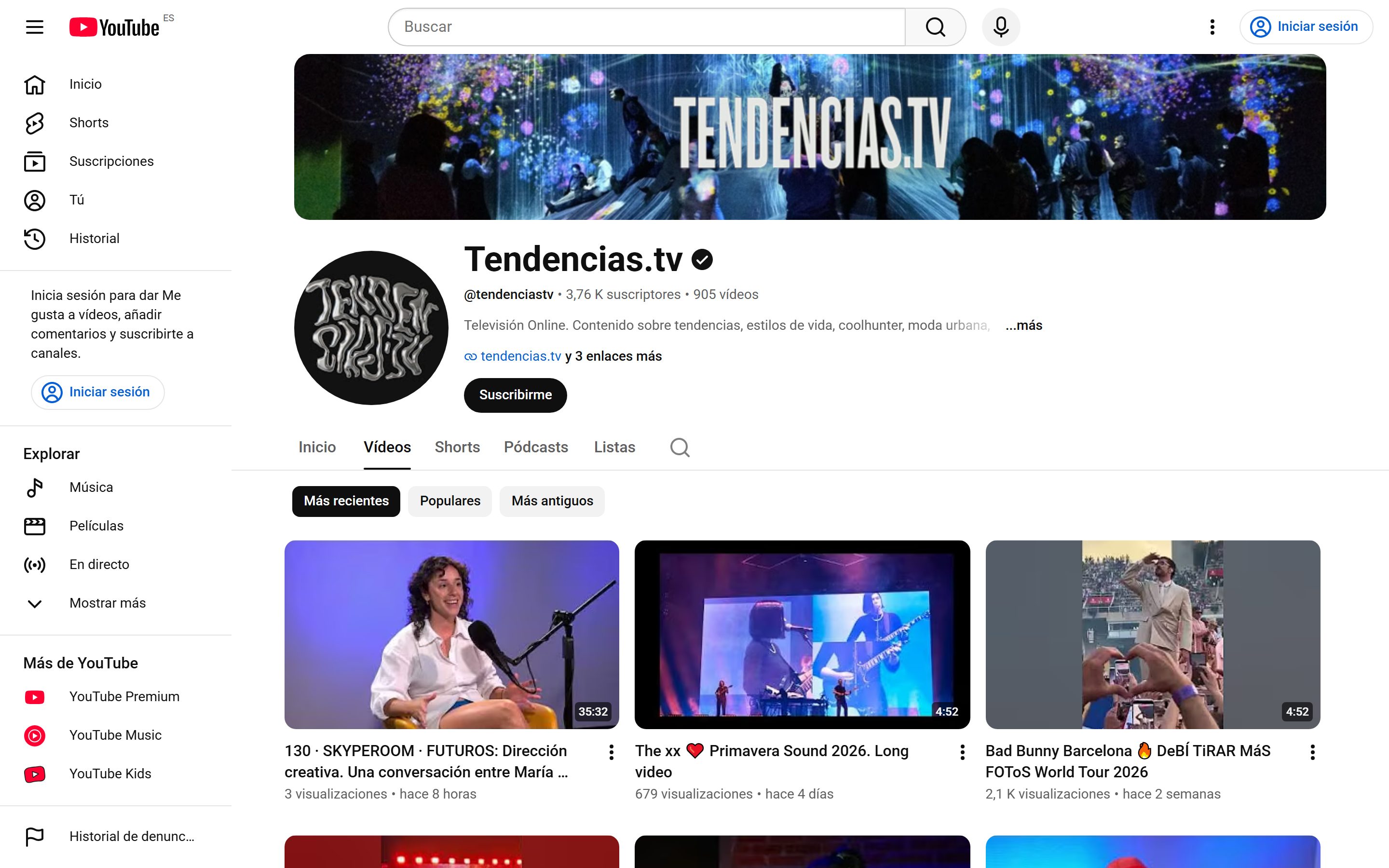Tendencias.tv YouTube channel with migrated Skyperoom episodes