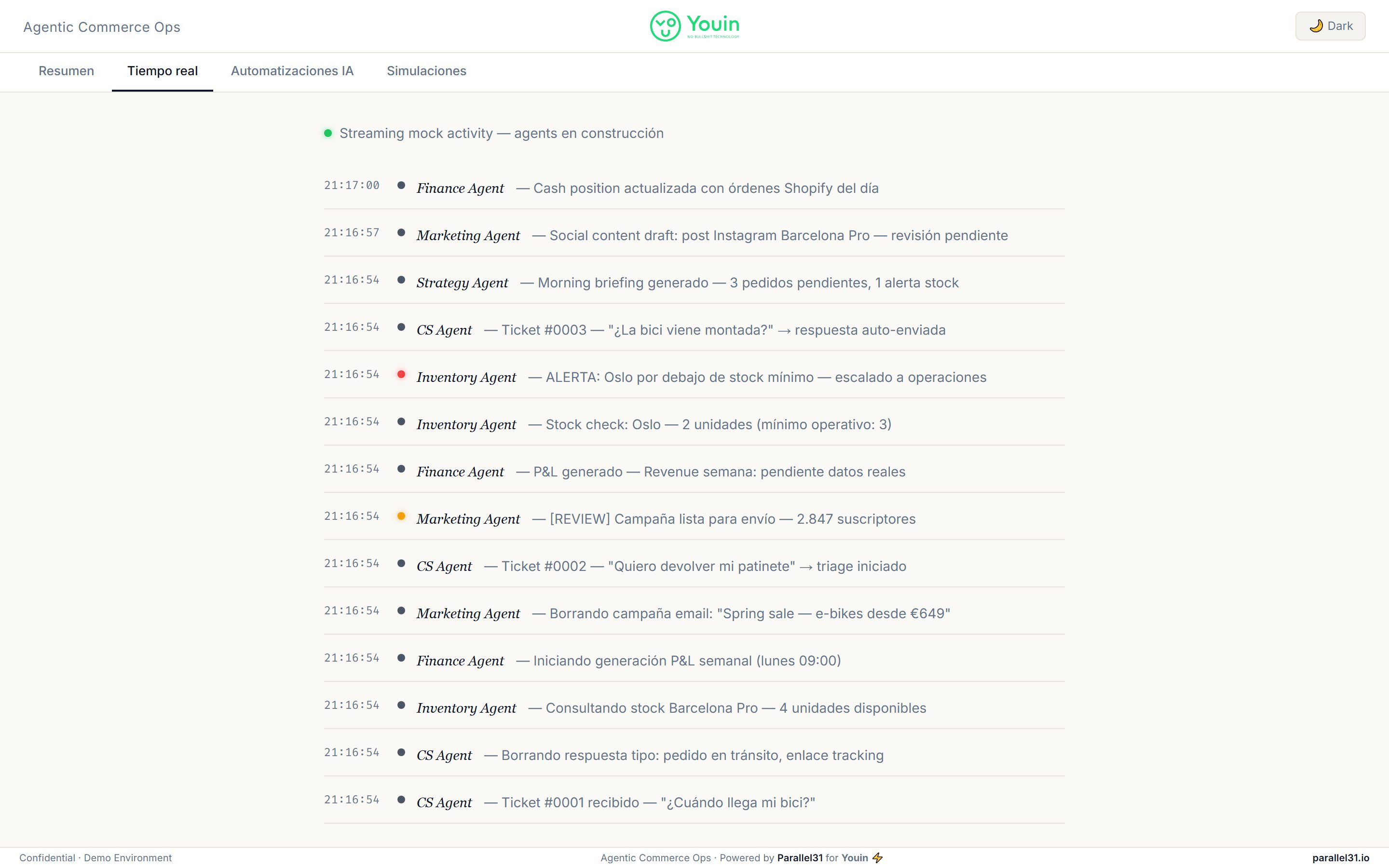 YOUIN dashboard — real-time agent activity feed